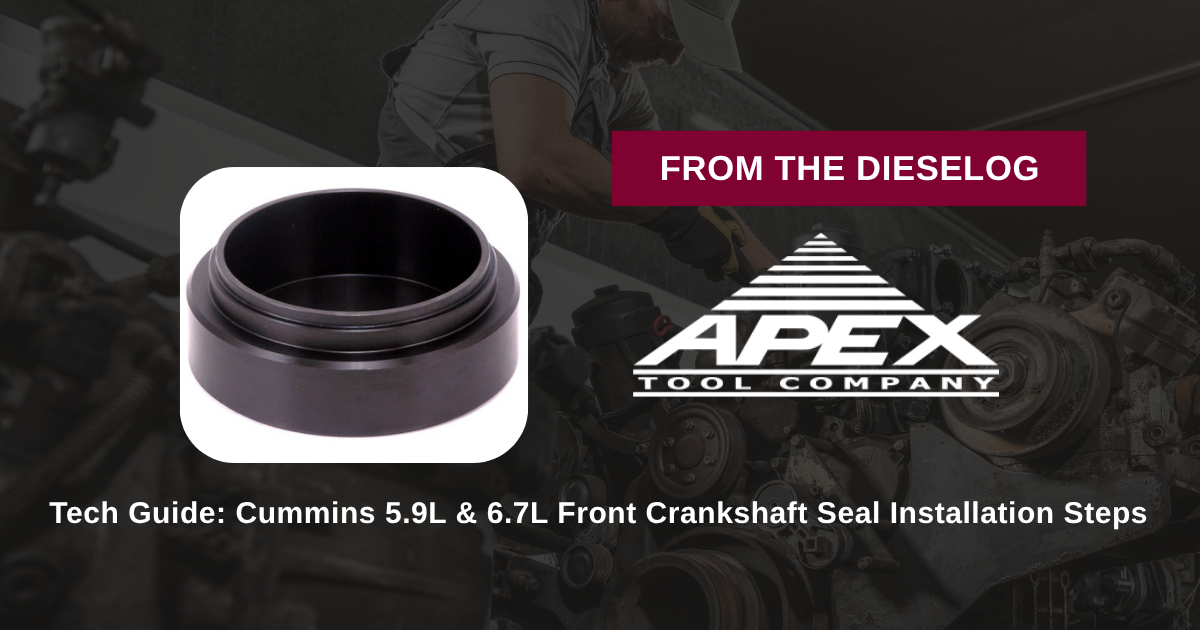 Step-by-step close up layout of front crankshaft seal installer tool mounted on a Cummins 6.7L front gear housing